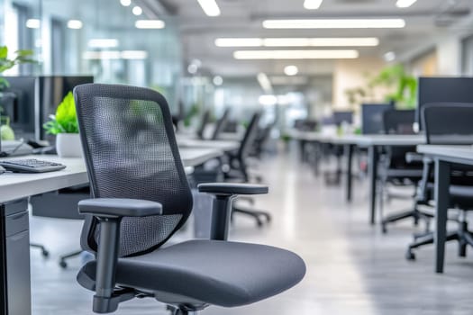 A bright and modern office space featuring blurred backgrounds and glass walls, showcasing a sleek ergonomic chair and a calming green plant.