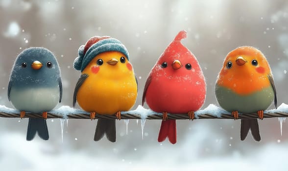 Illustration frozen colorful birds sitting on a wire on a winter day. Selective focus.
