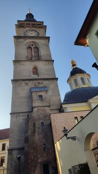 October 22 2024 Hradec Kralove, Czech Republic Europe,White Tower,clock old history building architecture city town, blue sky day. High quality photo