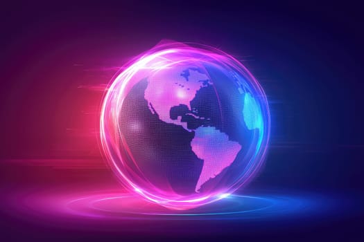 This abstract illustration features a globe adorned with glowing lines set against a pink and blue background, embodying a modern and vibrant digital concept.