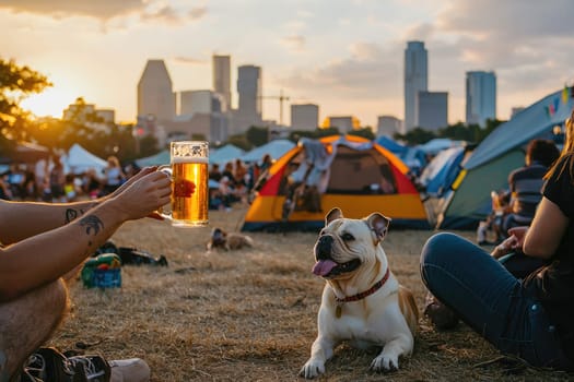 A joyful gathering of friends toasting with craft beer as the sun sets over the city skyline, creating a warm atmosphere filled with laughter and companionship.