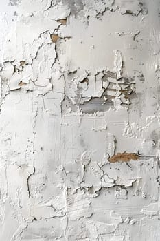 A detailed shot showcasing a white wall with peeling paint, revealing layers of brown and grey underneath. The pattern resembles wood grain, creating an artistic effect on the building material