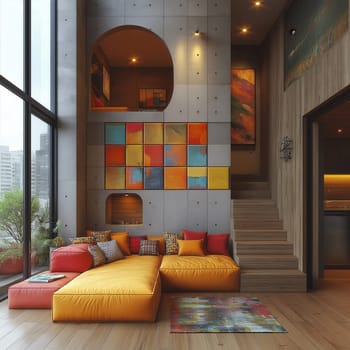 Modern interior design, colorful multi-level apartment with furniture. Selective focus.