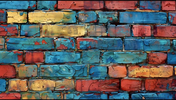 A closeup of a vibrant brown, blue, and colorful brick wall showcasing the intricate brickwork and varying shades of color. The rectangular bricks add depth and character to the building material