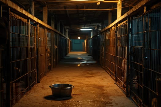 This image depicts a dimly lit interior of an animal shelter, featuring rows of cages and an empty bowl on the floor. It evokes a sense of quiet solitude and care for animals.