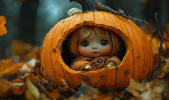 little girl sitting in a carved pumpkin celebrating Halloween. Selective focus.