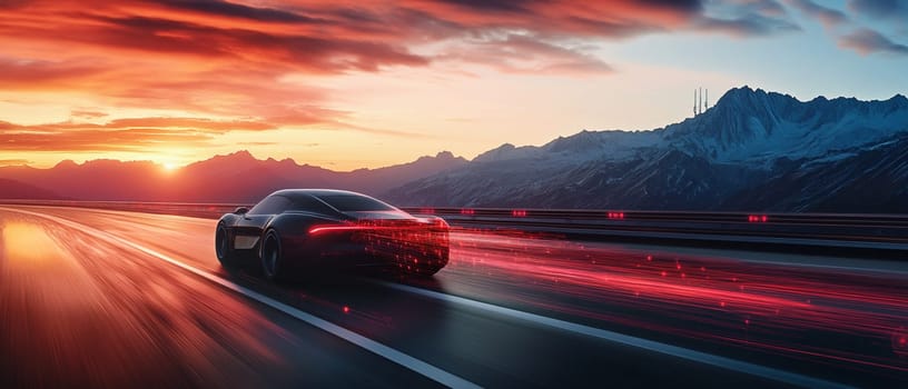 Futuristic autonomous car is speeding on a highway in the mountains with motion blur light trails behind it at sunset