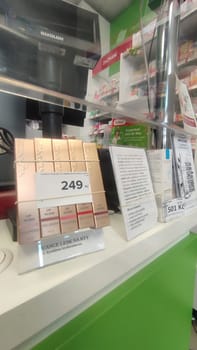 October 22 2024 Hradec Kralove, Czech Republic Europe, Kralov region, in pharmacy, medicines on shelf , brands products. High quality photo