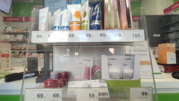 October 22 2024 Hradec Kralove, Czech Republic Europe, Kralov region, in pharmacy, medicines on shelf , brands products. High quality photo