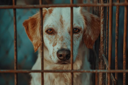 A close-up of a sad stray dog looking through the bars of its cage. The soulful eyes convey a sense of longing and emotion, highlighting its plight.