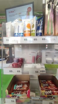 October 22 2024 Hradec Kralove, Czech Republic Europe, Kralov region, in pharmacy, medicines on shelf , brands products. High quality photo