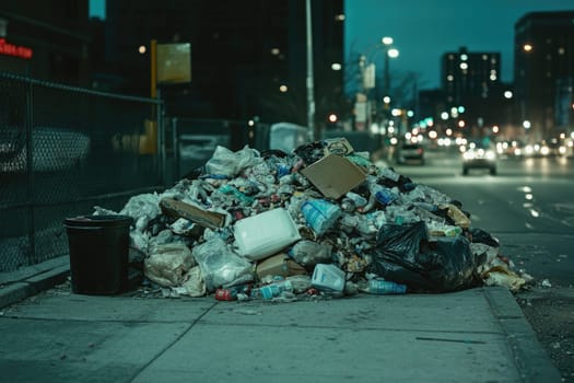 A large pile of garbage sits on a city sidewalk, highlighting urban waste issues. The scene captures the neglect of waste management in an urban environment.