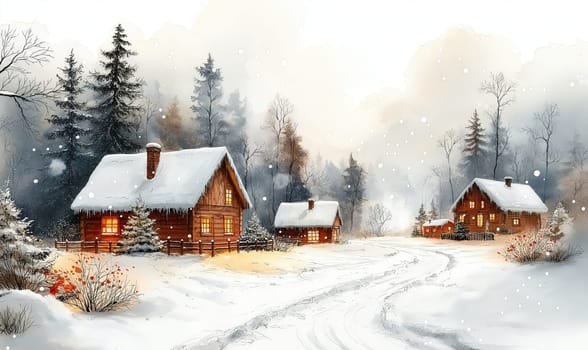 Winter picture, with the image of a snowy road and charming houses. Selective focus.