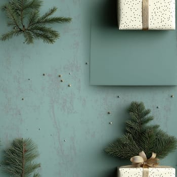 Seamless pattern, illustration with a Christmas tree and gifts on a green background. Selective focus.