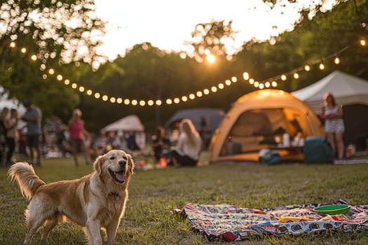 A lively campground during golden hour as festival-goers enjoy the outdoor atmosphere. A happy dog poses in front of twinkling lights and tents.