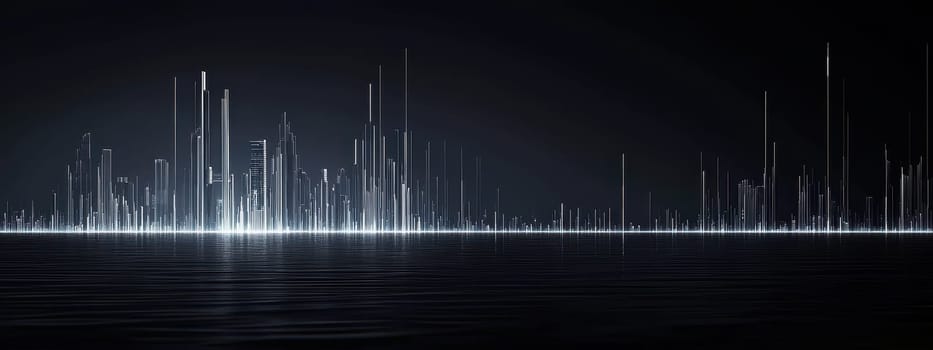 A city skyline is shown in the background of a dark blue water. The city is lit up with a bright white light, creating a contrast between the city and the water