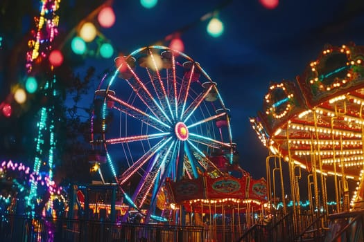 Experience the magic of a colorful amusement park at night, featuring vibrant neon lights illuminating a ferris wheel and carousel amidst a festive atmosphere.