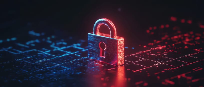 A red and blue image of a lock with a key on a keyboard. Concept of security and protection, as the lock and key are symbols of safeguarding information or valuables