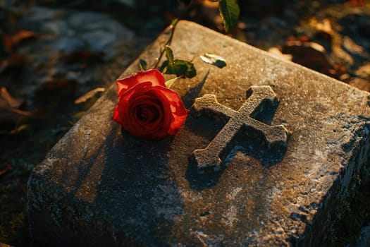 A single red rose rests gracefully on a granite gravestone, symbolizing love and remembrance. The warm light casts soft shadows, enhancing the serene atmosphere.