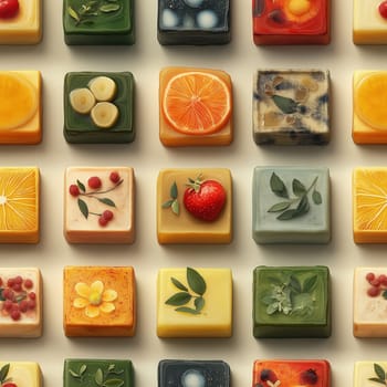 Seamless pattern, illustration with an assortment of soaps. Selective focus.