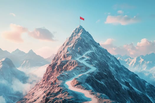 An isolated mountain peak featuring a winding road leading to the summit, surrounded by a stunning landscape of clouds and distant mountains. Ideal for adventure themes.