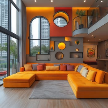 Modern interior design, colorful multi-level apartment with furniture. Selective focus.