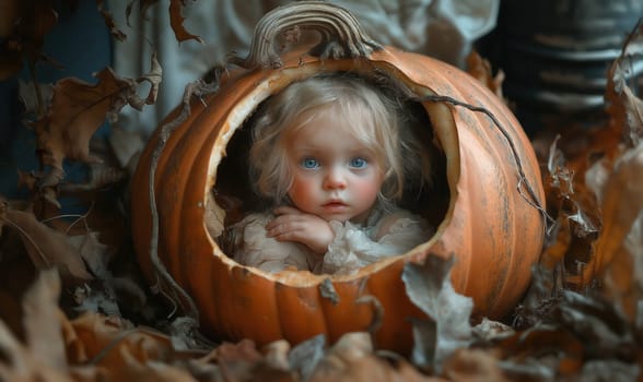 little girl sitting in a carved pumpkin celebrating Halloween. Selective focus.
