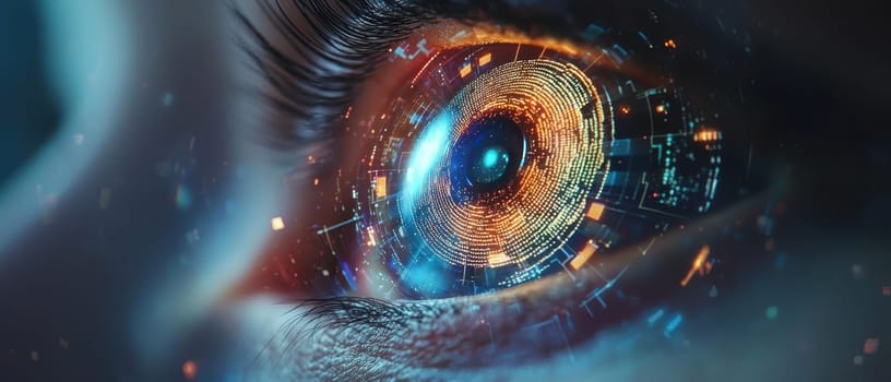 A close up of a person's eye with a blue and orange circle in the center. The eye is surrounded by a blurry, colorful background. Concept of wonder and curiosity