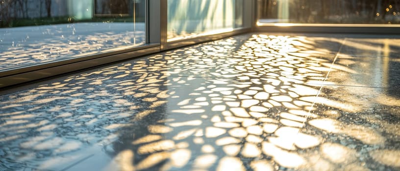 A floor with a pattern of small squares and a window in the background. The floor is reflecting the sunlight and creating a shadow