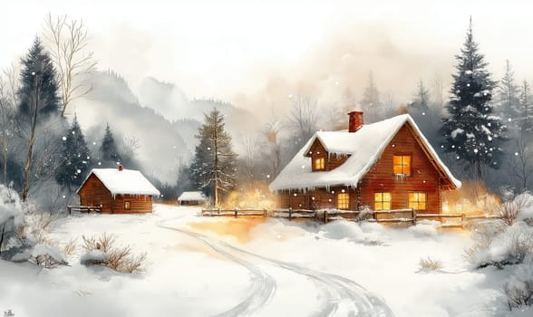 Winter picture, with the image of a snowy road and charming houses. Selective focus.