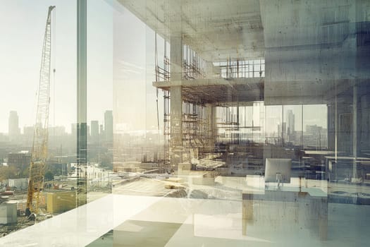 A modern minimalist office interior featuring large windows and a stunning city view. The design emphasizes spaciousness, clean lines, and natural light, creating an inspiring workspace.