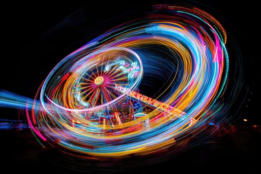 A stunning time lapse image capturing the vibrant movement of a colorful wheel at night, showcasing energy and excitement during a lively festival atmosphere.