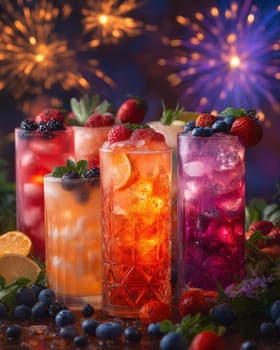 Transparent glasses with berries and ice on the background of fireworks. Selective focus.