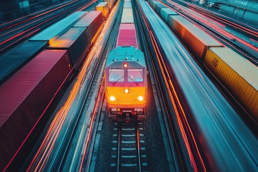 A vibrant high-speed freight train rushes through an intermodal terminal, showcasing efficient logistics and dynamic movement of cargo containers at night.