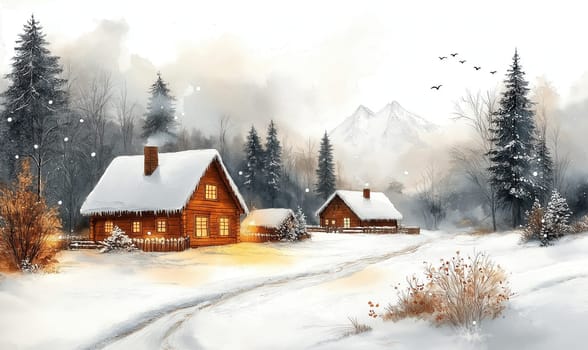 Winter picture, with the image of a snowy road and charming houses. Selective focus.