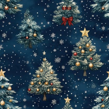 Seamless pattern, illustration with a Christmas tree and gifts on a blue background. Selective focus.