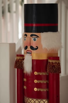 Stylish nutcracker Christmas interior, beautiful decor in the house.