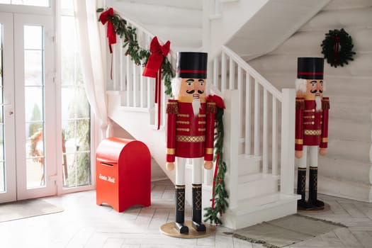 Stylish nutcracker Christmas interior, beautiful decor in the house.