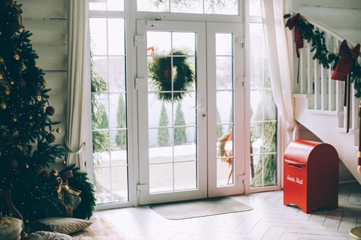 Stylish Christmas tree, New Year's interior, beautiful decor in the house.