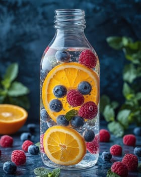 Glass bottle with drink filled with orange slices, berries. Selective focus.