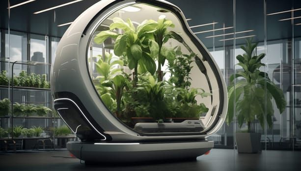 This image showcases a futuristic planter with lush, exotic plants thriving inside, nurtured by advanced AI gardening technology. The scene exudes a sense of innovation and sustainable urban gardening.