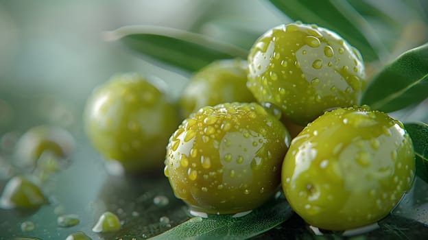 Fresh green olives, a popular food ingredient, glisten with water droplets. These natural fruits are commonly used in Mediterranean cuisine and recipes