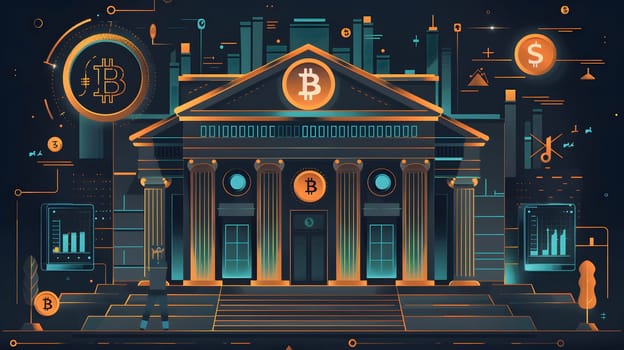 An illustration of a bank building in a metropolitan area with the bitcoin symbol on its facade. The windows are lit up with electricity at midnight, creating a striking landmark