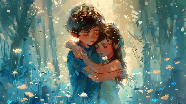 An organism of electric blue hue and a fictional character are embracing in a forest. The scene resembles a painting, blending art and nature in a visually stunning event