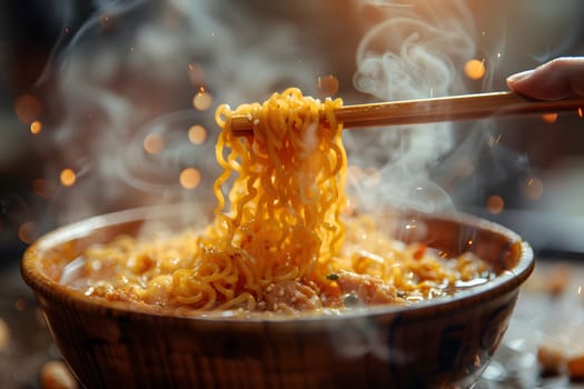 A person is enjoying a bowl of noodles using chopsticks, savoring the delicious staple food. The dish is cooked to perfection, showcasing the expertise in cuisine and cooking skills