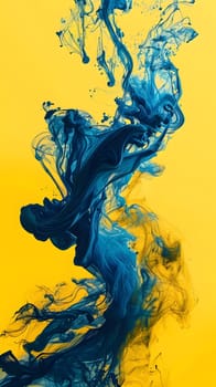 A vibrant electric blue and yellow ink splash on a sunny yellow background creating a dynamic and eyecatching visual arts piece. The liquid paint adds a unique texture to the painting