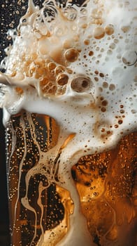 A closeup shot of a glass of frothy beer showcasing the liquid bubbling over the rim. The pattern of the foam resembles fur, making it look like a terrestrial animal made of natural material