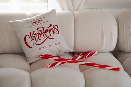 Stylish Christmas tree, New Year's interior, beautiful decor in the house.