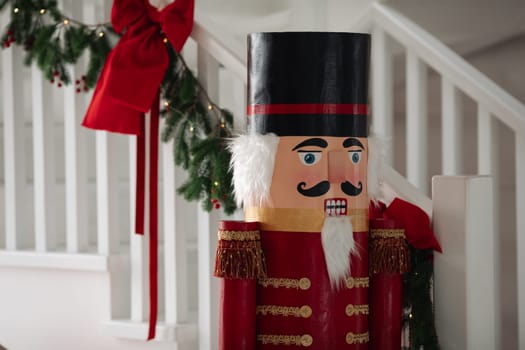 Stylish nutcracker Christmas interior, beautiful decor in the house.