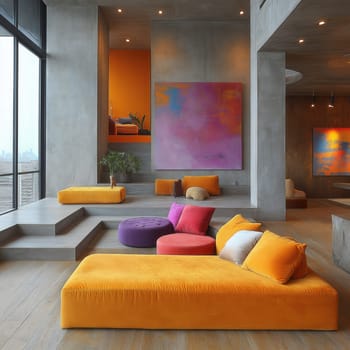 Modern interior design, colorful multi-level apartment with furniture. Selective focus.
